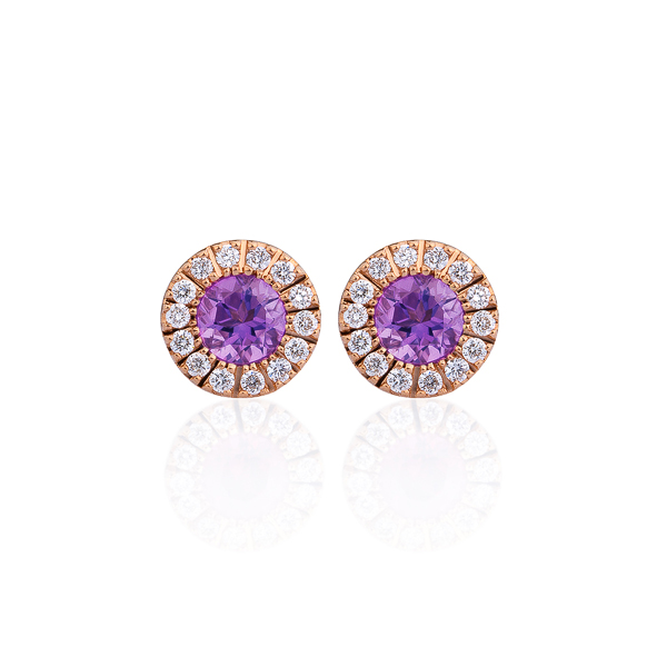 K18PG スフィア ファセット アメジスト ダイヤモンド ヘイロー ピアス 3mm