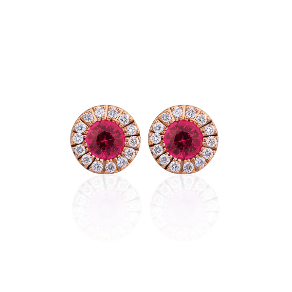 K18PG スフィア ファセット ルビー ダイヤモンド ヘイロー ピアス 3mm