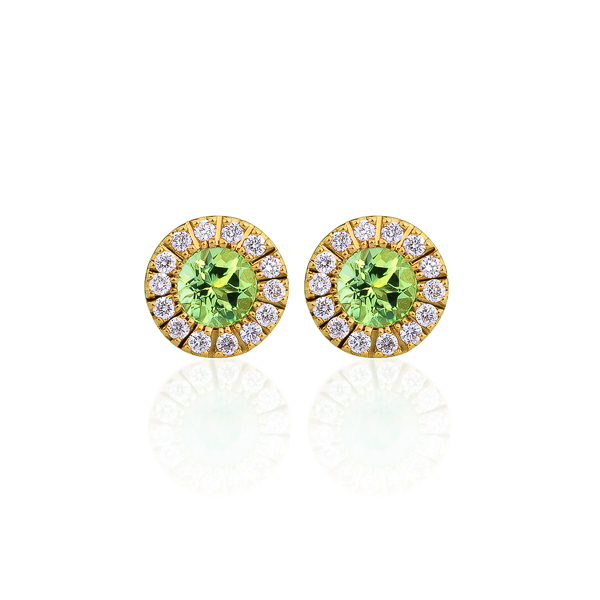 K18YG スフィア ファセット ペリドット ダイヤモンド ヘイロー ピアス 3mm