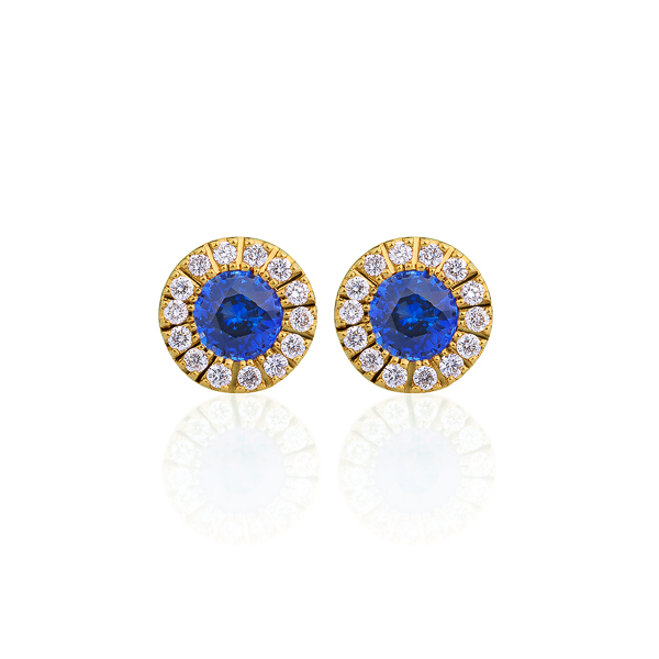 K18YG スフィア ファセット サファイア ダイヤモンド ヘイロー ピアス 3mm