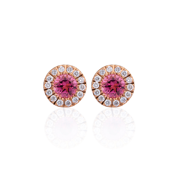 K18PG スフィア ファセット ピンク トルマリン ダイヤモンド ヘイロー ピアス 3mm