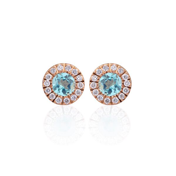 K18PG スフィア ファセット スイスブルー トパーズ ダイヤモンド ヘイロー ピアス 3mm